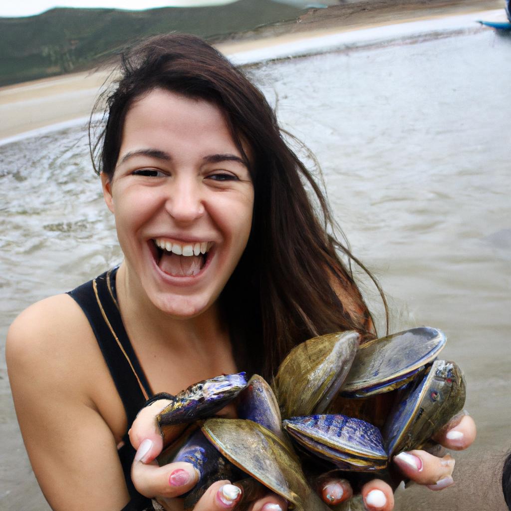 Person holding fresh clams, smiling