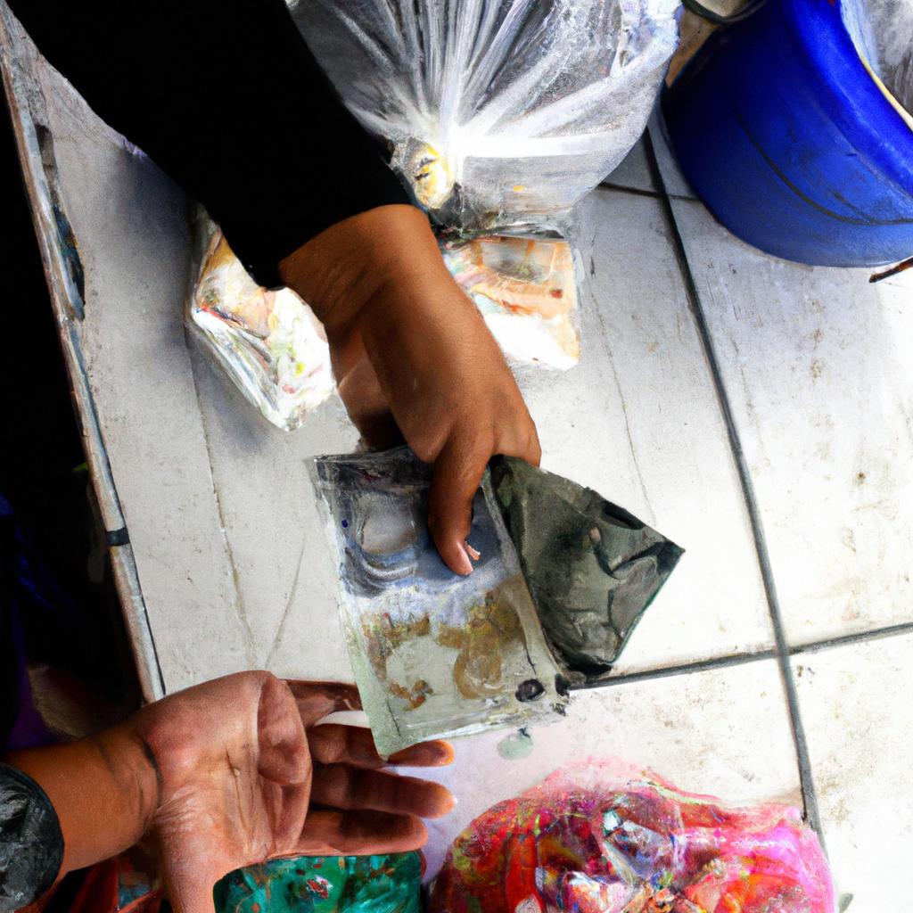 Person handling money at market