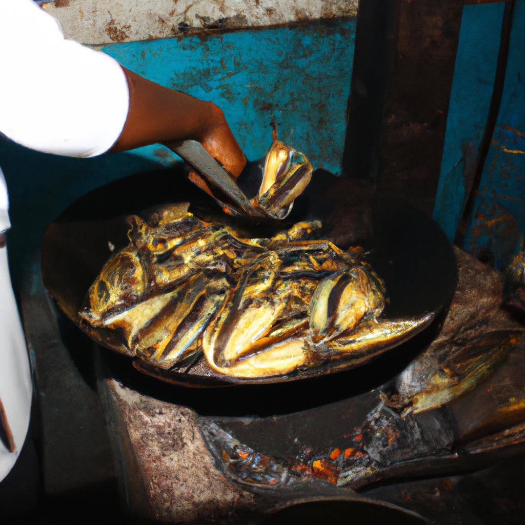 Person frying fish in market
