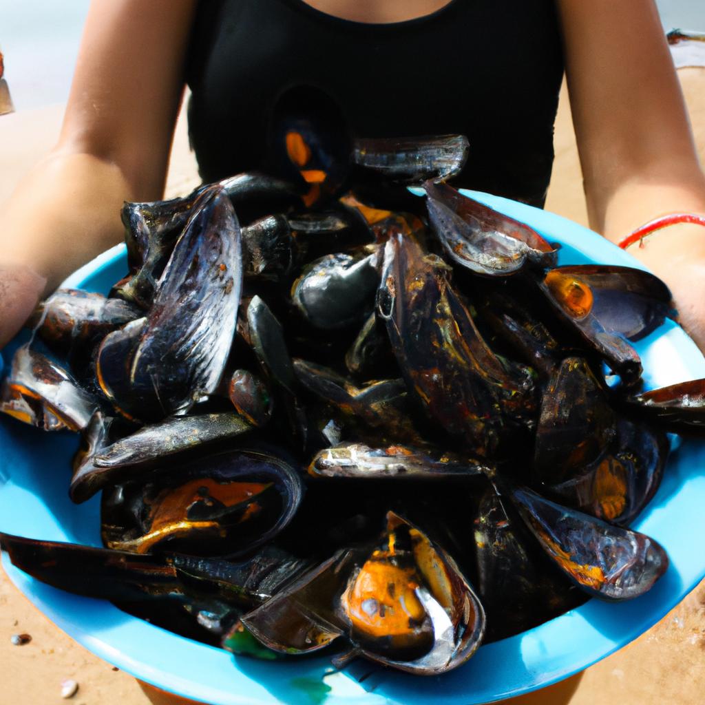 Person holding plate of mussels