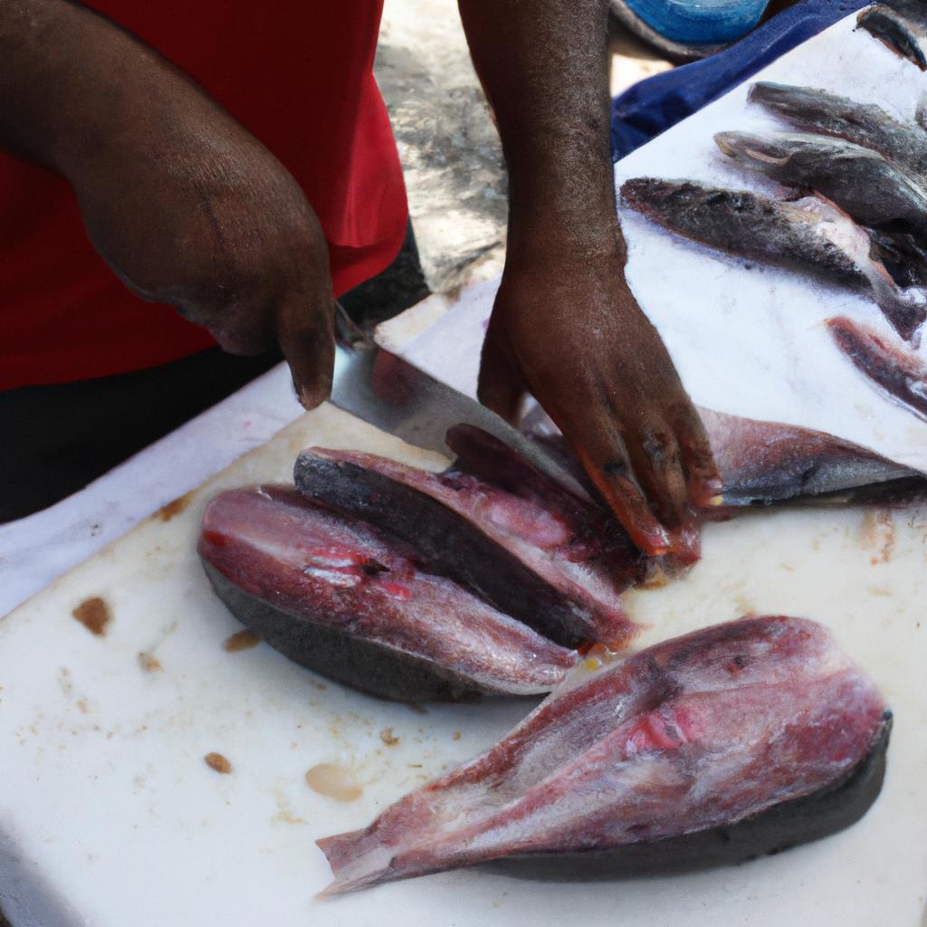 Person filleting fish at market
