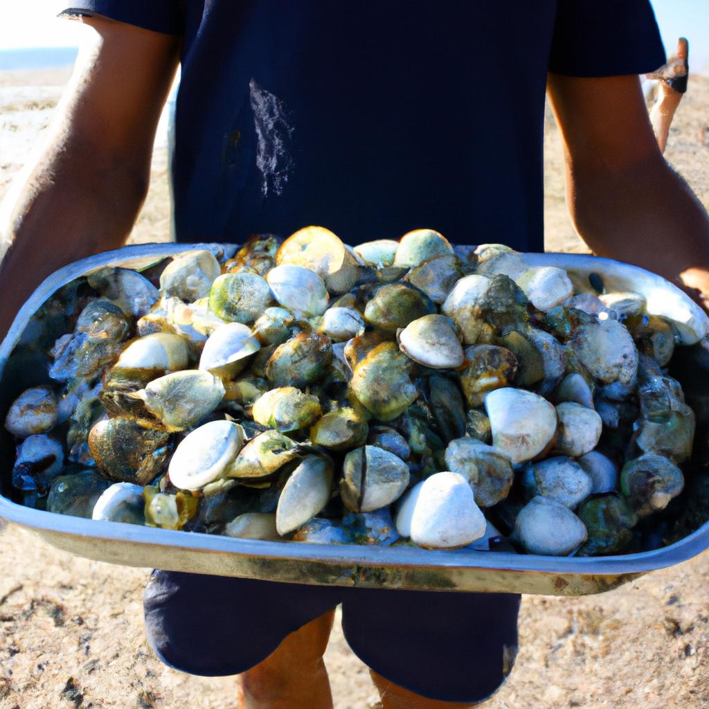 Person holding a tray of shellfish